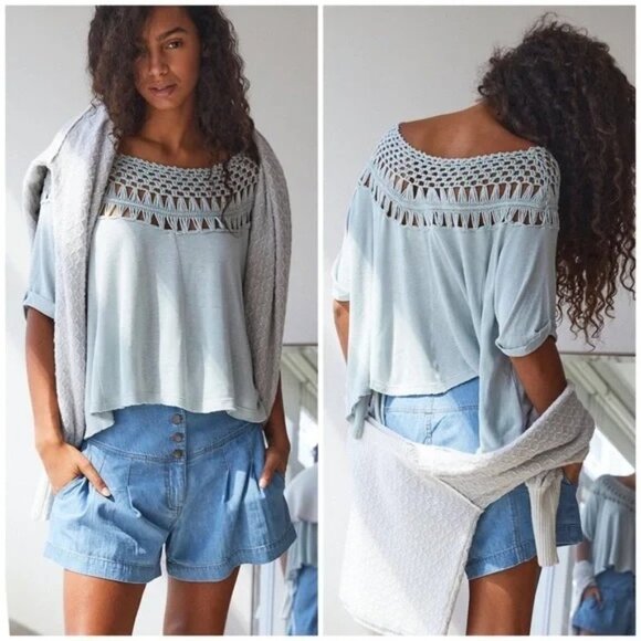 Free People Pale Baby Blue Colette Crochet Macrame Neckline Tee - Picture 1 of 4